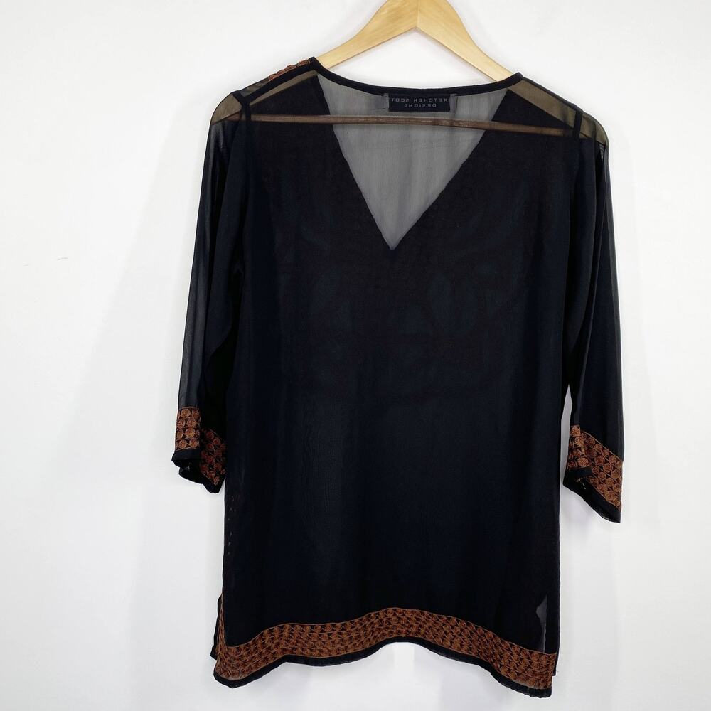 Gretchen Scott Designs Black Brown Embroidered Sheer Blouse Women's Size Small S - Picture 2 of 6